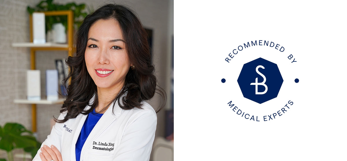 Woman in a white coat with a 'Recommended by Medical Experts' logo on a white background