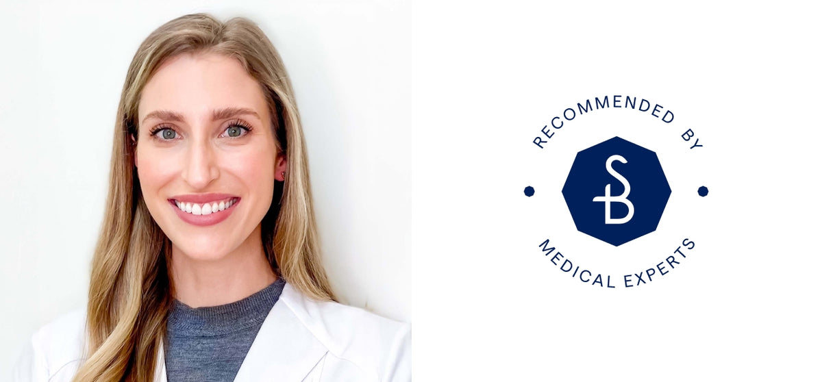 Woman with blonde hair and a white coat, smiling, with a 'Recommended by Medical Experts' logo on a white background.