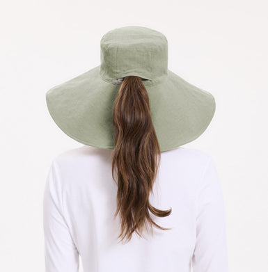 Ultra Wide Cotton Linen Sun Hat with adjustable fit, and ponytail opening