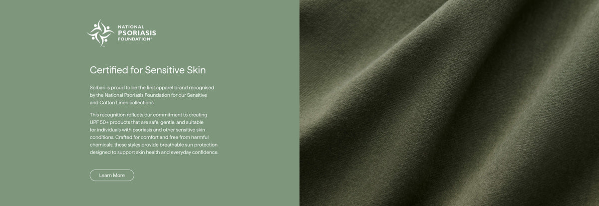Text on a green background about certified sensitive skin products, with a close-up of green fabric on the right.