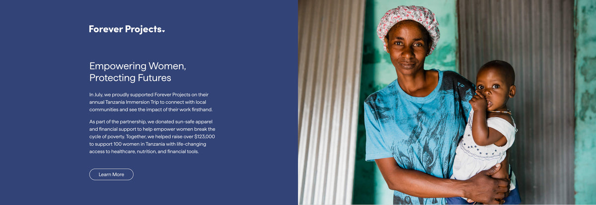 Woman holding a child with text about 'Forever Projects' on a blue background