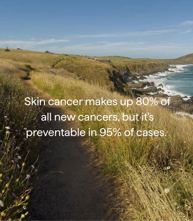 Path through grass leading to a coastal landscape with text about skin cancer prevention.