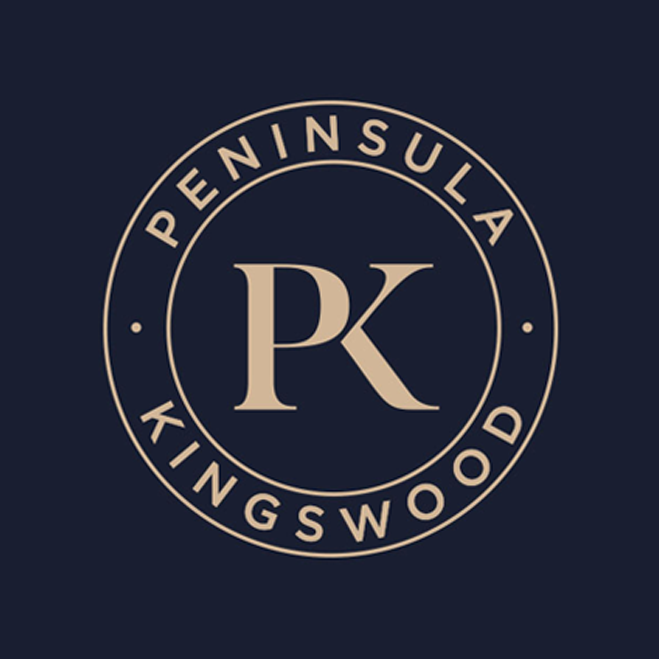 Logo of Peninsula Kingswood with 'PK' on a dark background